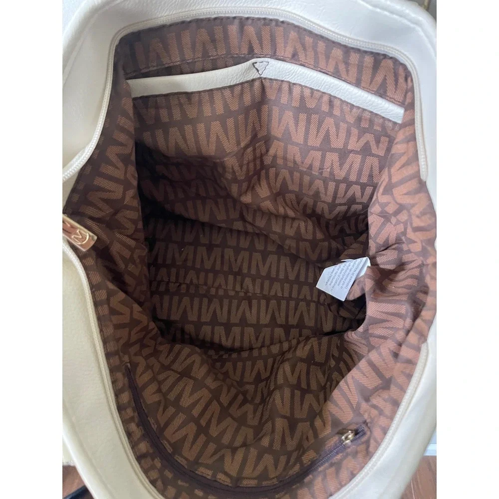 Mia K Milan tote bag Off White Monogram emblem gold Tone chic minimalist soft